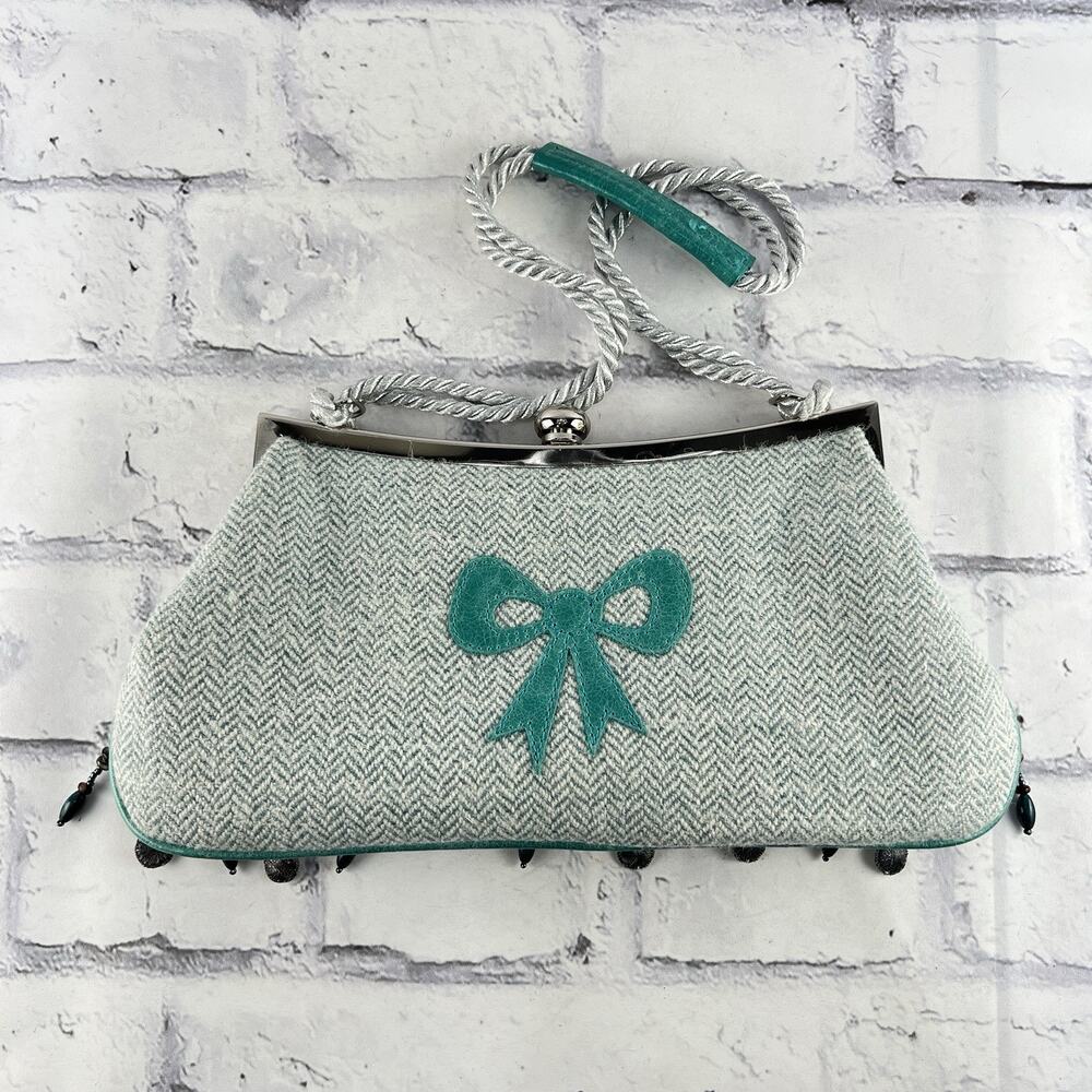 SPENCER AND RUTHERFORD Purse Clutch Bag Beaded Jeweled Leather Silk Tweed Teal